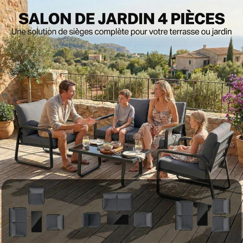 Outsunny Salon de Jardin 4 Pièces avec Coussins Déhoussables Très Épais 10cm Table Basse en Verre Trempé Noir