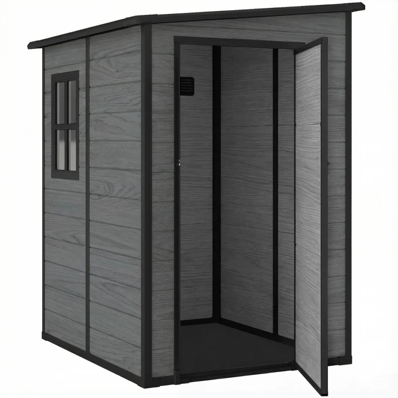 Outsunny 4'x5' Garden Storage Shed, Lean to Shed, Lockable Garden Shed with Window, Vent and Plastic Roof, Wood-Effect