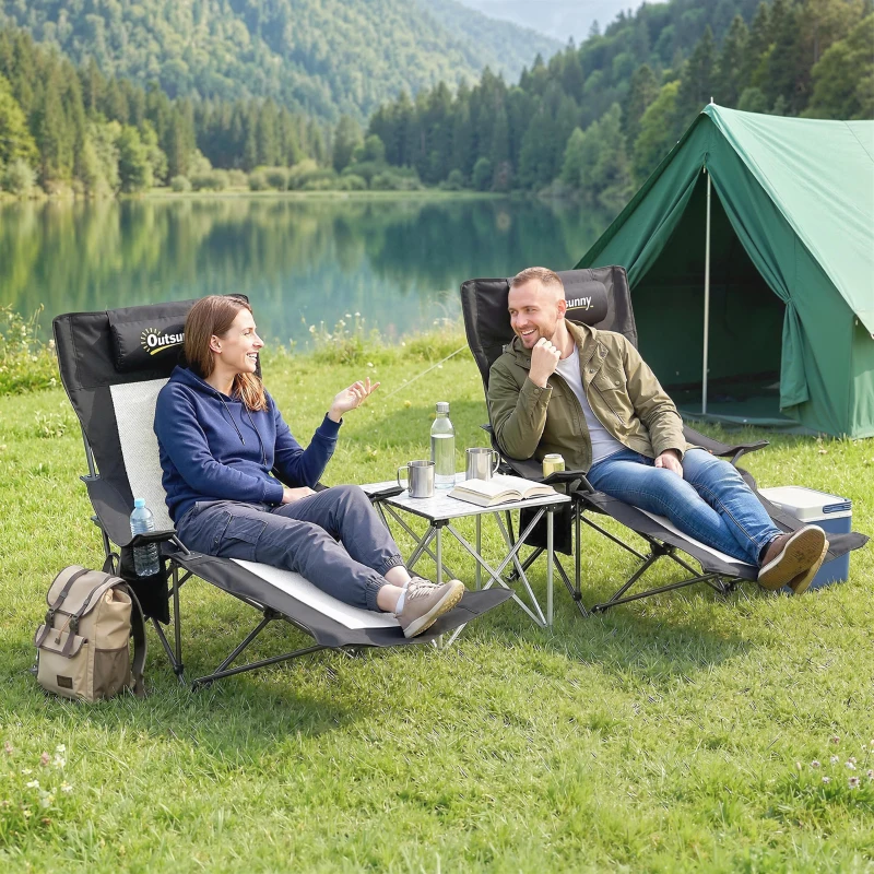 Outsunny Camping Chair Reclining Portable Camp Chair with Detachable Footrest Cup Holder Black