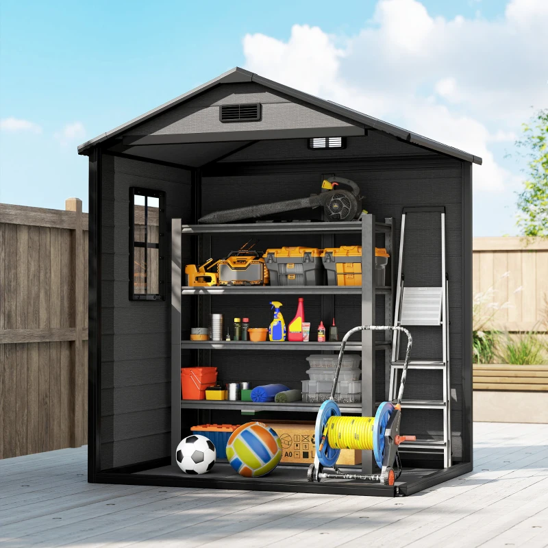 Outsunny 6'x4.5' Garden Storage Shed, Lockable Garden Shed with Double Doors, Window, Vent and Plastic Roof, Dark Grey