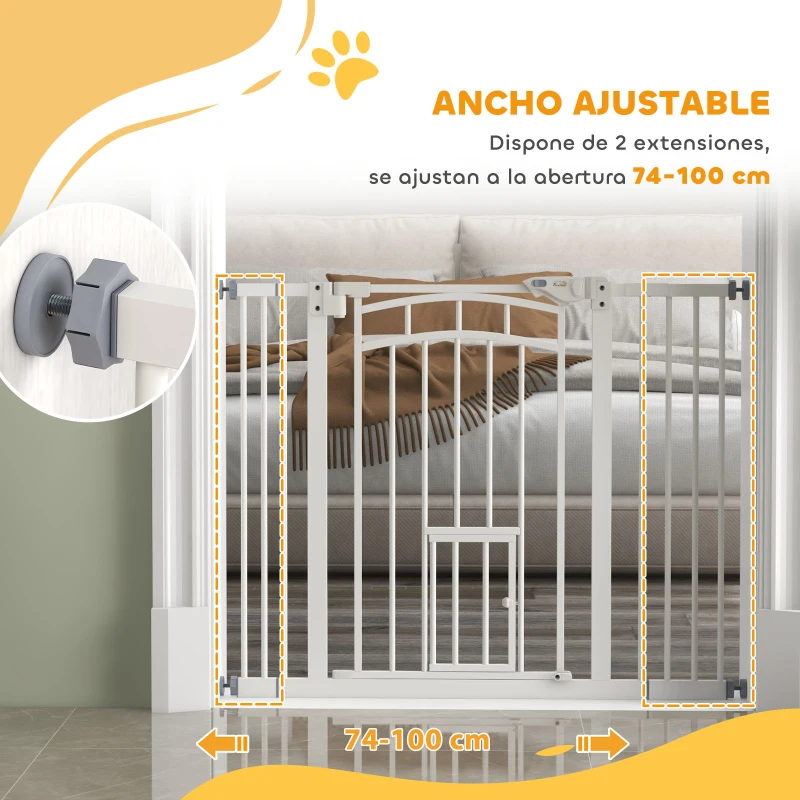 PawHut Barrera de Seguridad para Perros 74-100 cm con Extensión Montaje a Presión Doble Bloqueo para Puerta Escalera Blanco