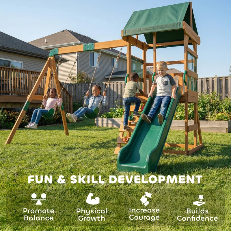 AIYAPLAY Wieża zabaw drewniana z huśtawkami i zjeżdżalnią 194,5 cm dla dzieci 3-8 lat 315x284x233 cm Zielony