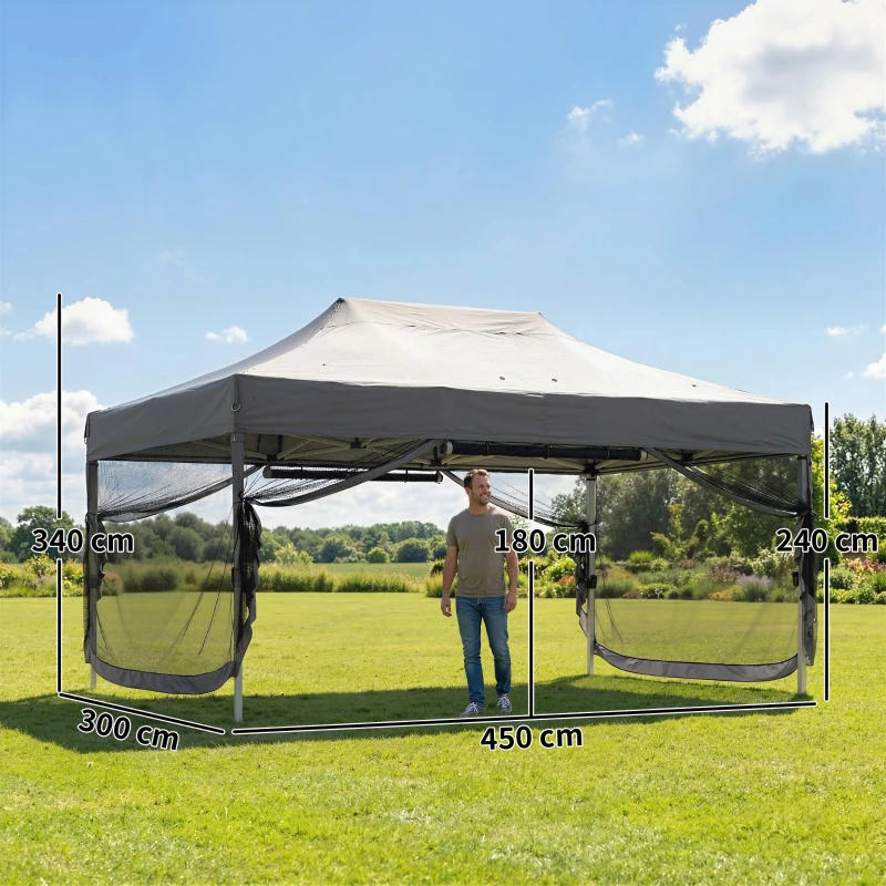 Outsunny 3 x 4.5 m Pop Up Gazebo with Mesh Nettings, UPF50+ Heavy Duty Outdoor Garden Party Tent Marquee, Dark Grey