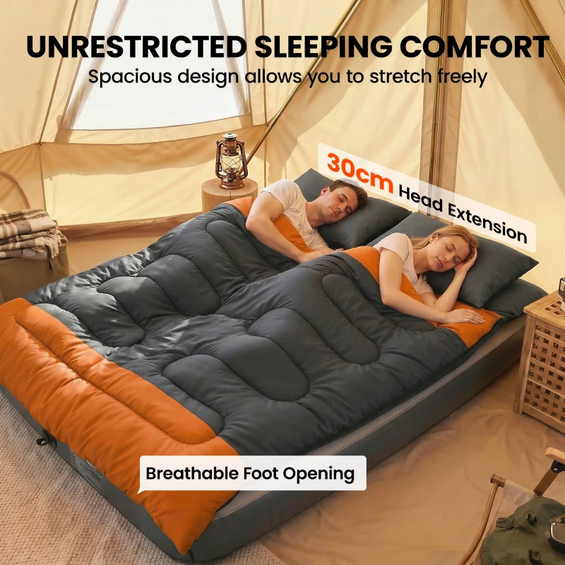 Outsunny Double Sleeping Bag with 2 Pillows, 220 x 160 cm Extra-Large Sleeping Bag for Adults, Grey and Orange