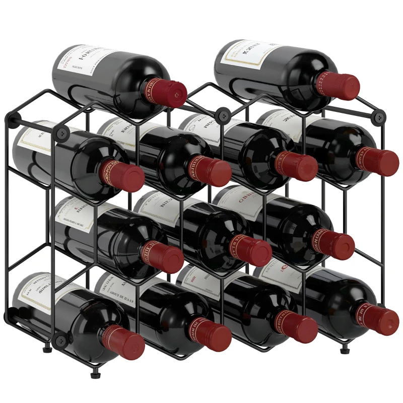 HOMCOM Weinregal für 13 Flaschen Flaschenregal mit Wabendesign Verstellbaren Füßen Kippschutz Metall 43 x 15,5 x 31 cm Schwarz