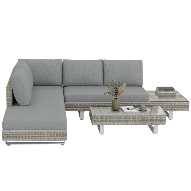 Outsunny Conjunto de Jardim em Vime de 3 peças com Sofás Modulares de 3 e 2 Lugares Mesa Lateral e Mesa de Centro Cinza