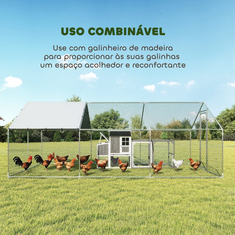 PawHut Galinheiro Grande para Exterior de Aço Galvanizado 5,1x3x1,9 m 15,3 m² com Cobertura de Tecido Oxford e Fecho Prata