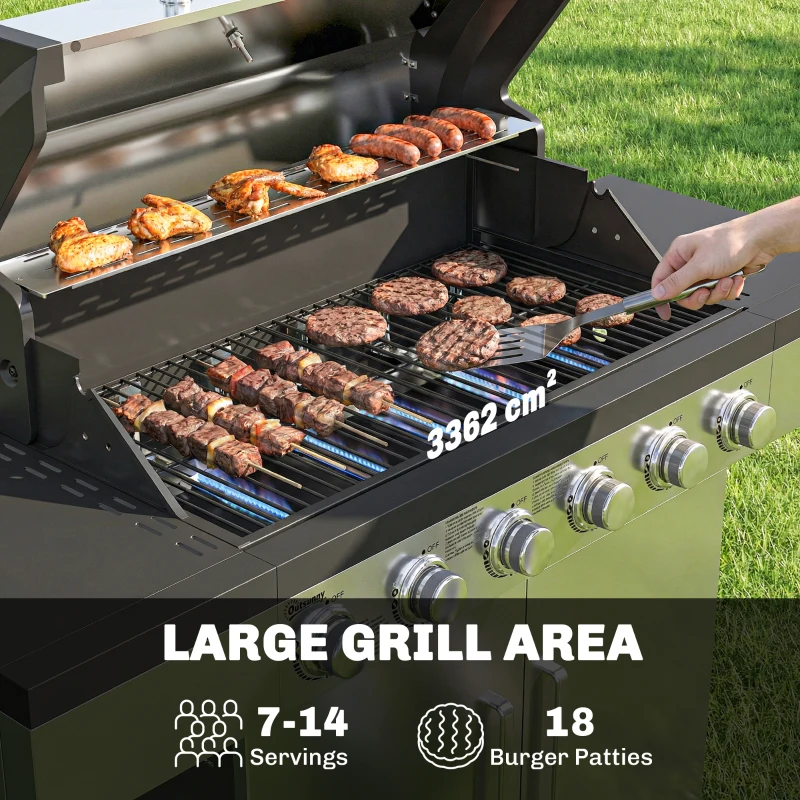 Outsunny 6 Burner Liquid Propane Gas BBQ Grill, Outdoor Portable Gas Barbecue Grill with Warming Rack, Side Tables, Cabinet