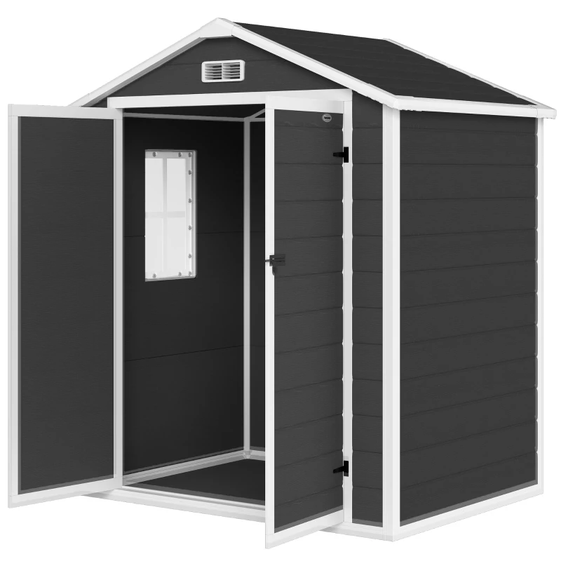 Outsunny 6'x4.5' Garden Storage Shed, Lockable Garden Shed with Double Doors, Window, Vent and Plastic Roof, Black