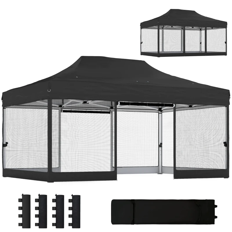 Outsunny 3 x 4.5 m Pop Up Gazebo with Mesh Nettings, UPF50+ Heavy Duty Outdoor Garden Party Tent Marquee, Black