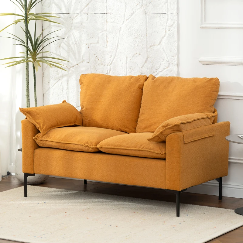 HOMCOM Sofá de 2 Lugares Revestido em Veludo Sofá Moderno com Pés de Metal Apoios de Braços Acolchoados 130x77x84 cm Amarelo Mostarda