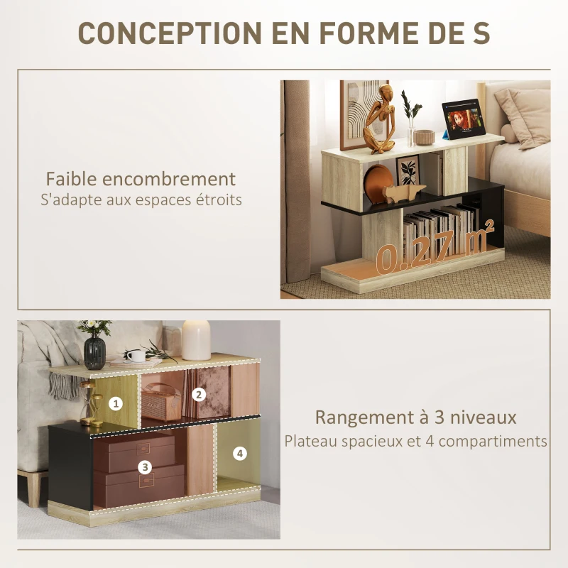 HOMCOM Table d'appoint en forme S, bout de canapé à 3 niveaux étagères de rangement, 90 x 30 x 61 cm, effet bois naturel noir