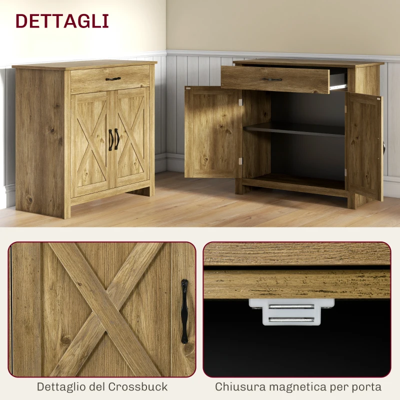 HOMCOM Credenza Cucina Country con Armadietto a 2 Ante e Cassetto, 80x39.7x80cm, Color Legno