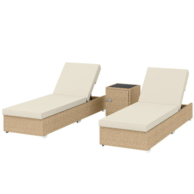 Outsunny Rattan Sun Loungers Set of 2 with Side Table, Garden Recliner Sunbeds with Adjustable Back, Cushions, Beige