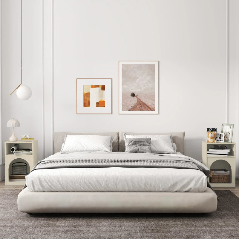 HOMCOM Lot de 2 tables de chevet, table de nuit avec compartiments ouverts, design arqué, 40 x 30 x 60 cm, crème