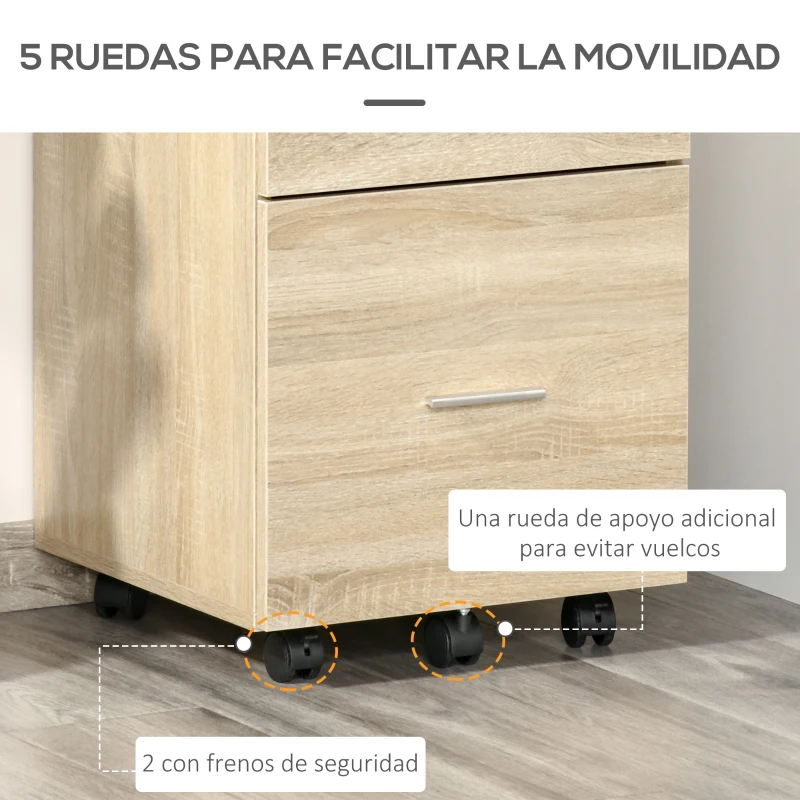 HOMCOM Cajonera de Escritorio con 2 Cajones Ruedas Archivador Móvil para Archivos A4 o Cartas 39,5x39x58,5 cm Roble