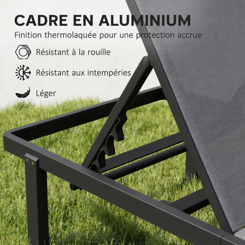 Outsunny Bain de Soleil Transat de Jardin avec Roulettes Inclinable à Plat 4 Positions et Textilène 530g/m² Gris Foncé