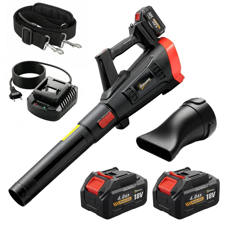 Outsunny Soprador de Folhas Sem Fios 18 V com 2 Baterias 4.0 Ah e Carregador Motor Sem Escovas 600 W 3 Velocidades Correia para Ombro 149 km/h 96x16,5x29 cm Preto