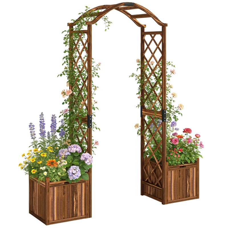 Outsunny Wooden Garden Arch with 2 Planter Boxes, Outdoor Rose Arch Trellis for Climbing Vines, Carbonised