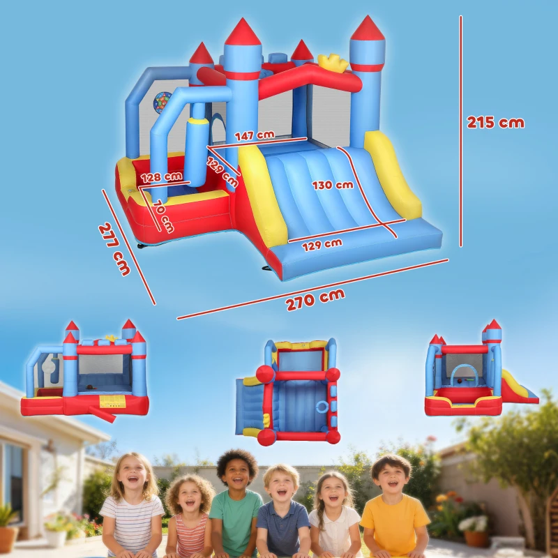 AIYAPLAY Castillo Hinchable para Niños con Soplador Tobogán Trampolín Piscina Pilar de Boxeo y Aro de Baloncesto 277x270x215 cm