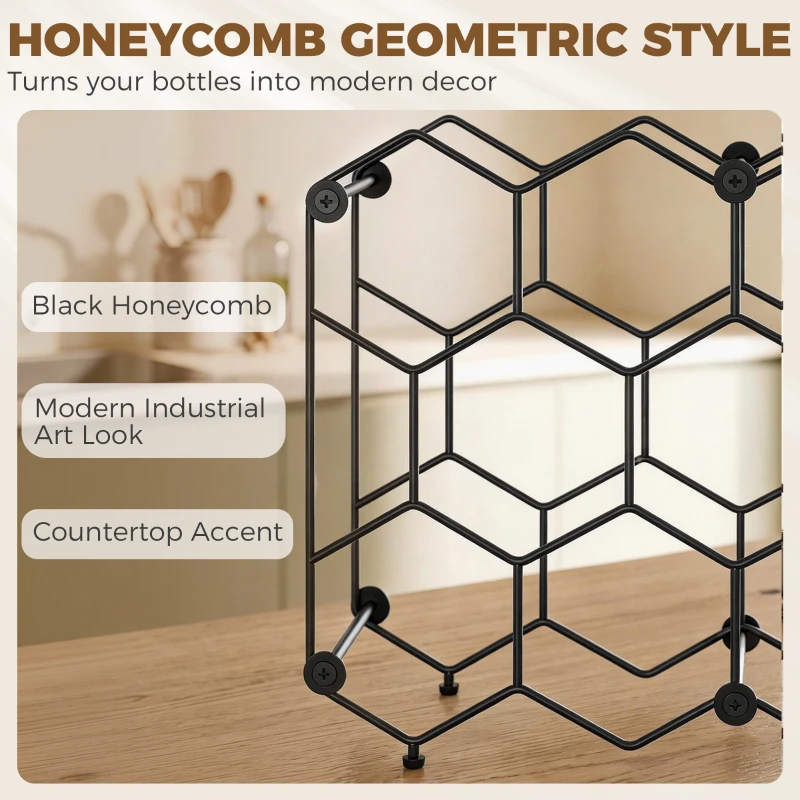HOMCOM Weinregal für 13 Flaschen Flaschenregal mit Wabendesign Verstellbaren Füßen Kippschutz Metall 43 x 15,5 x 31 cm Schwarz
