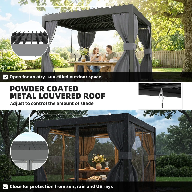Outsunny 3 x 3 m Louvered Pergola with Adjustable Metal Louvred Roof, Aluminium Patio Gazebo with Netting and Curtains, Dark Grey