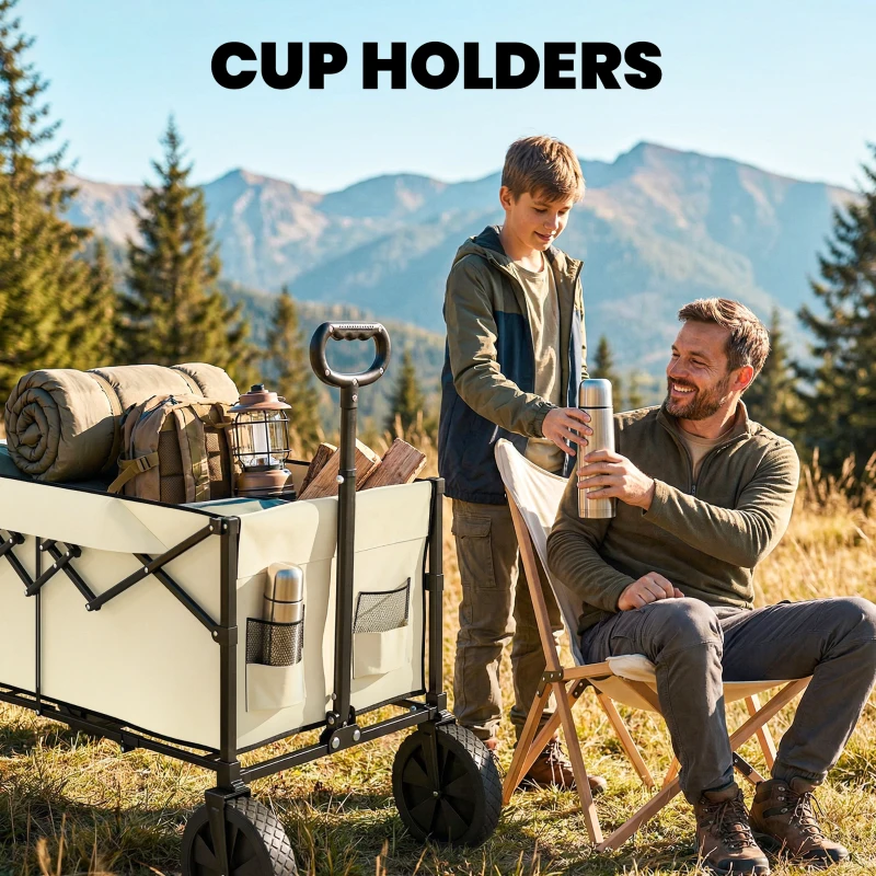 Outsunny 95L Foldable Festival Trolley on Wheels, Collapsible Wagon Cart with Adjustable Handle and 2 Cup Holders, Khaki