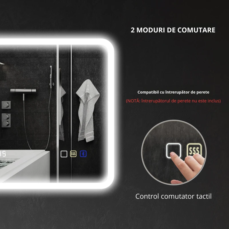 HOMCOM Oglindă de Baie cu Leduri 70x50 cm cu Bluetooth 3 Culori de Lumină Ceas Digital Funcție Anticeață Funcție de Memorie