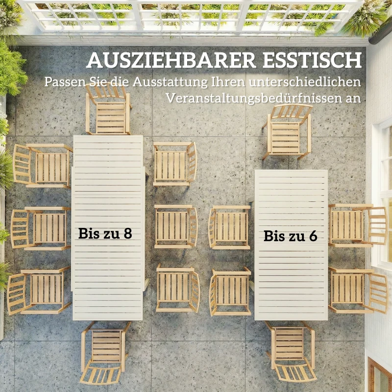 Outsunny Gartentisch Ausziehbarer 150/225 x 85 cm Aluminium Esstisch für 6-8 Personen, Rechteckig Lamellenoptik