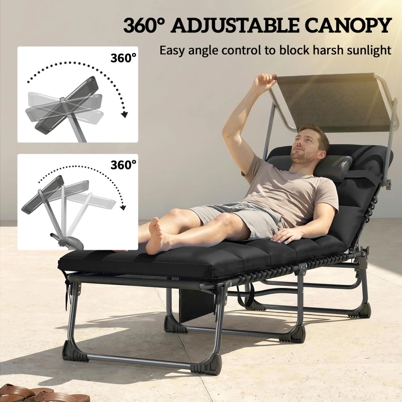 Outsunny Folding Sun Loungers Set of 2 with Canopy, Reclining Sunbed with Cushion, Side Pocket, Carrying Handle, Black
