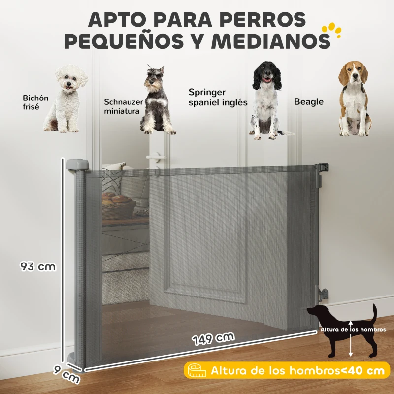 PawHut Barrera de Seguridad para Perros Retráctil Extensible hasta 140 cm de Ancho para Escaleras y Puertas Gris