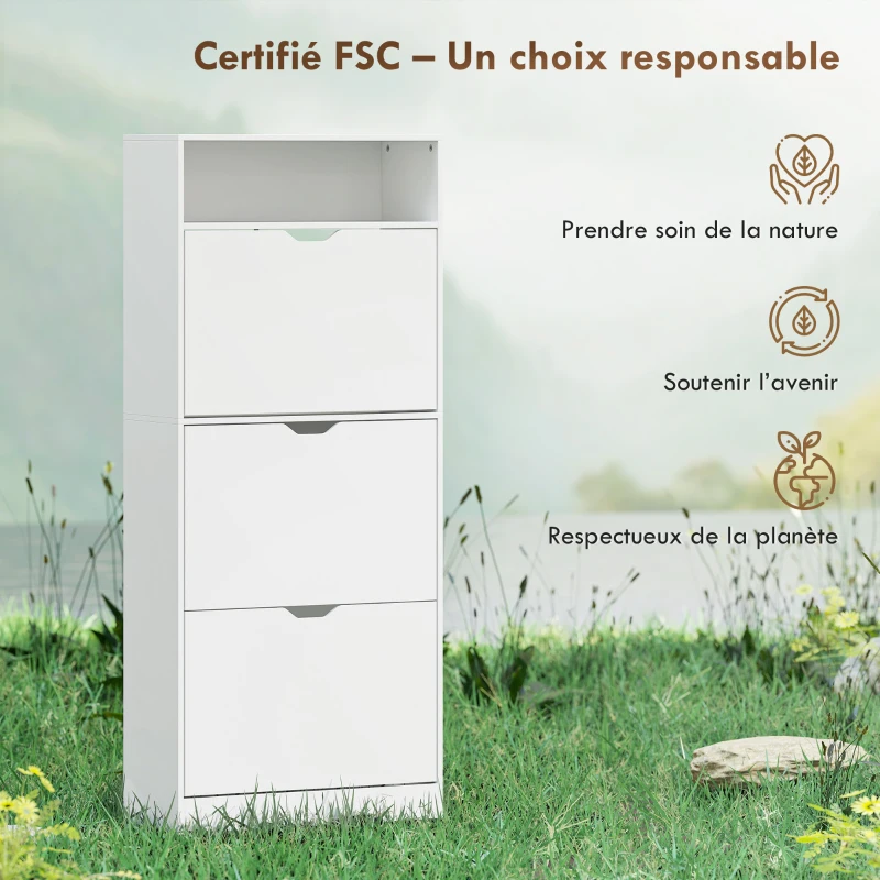 HOMCOM Meuble à chaussures 18 paires, armoire à chaussures étroite, 3 tiroirs rabattables, étagères réglables, blanc