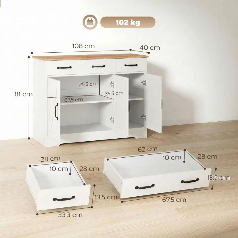 HOMCOM Buffet cuisine, meuble de rangement avec 3 portes de grange, 2 tiroirs et étagères réglables, 108 x 40 x 81 cm, blanc