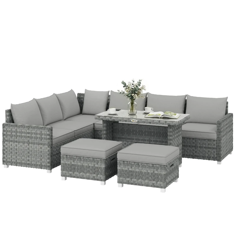 Outsunny 6 Seater Rattan Garden Furniture Set with 3 Sofas, 2 Footstools, Table, Patio Rattan Furniture Sofa Sets, Grey