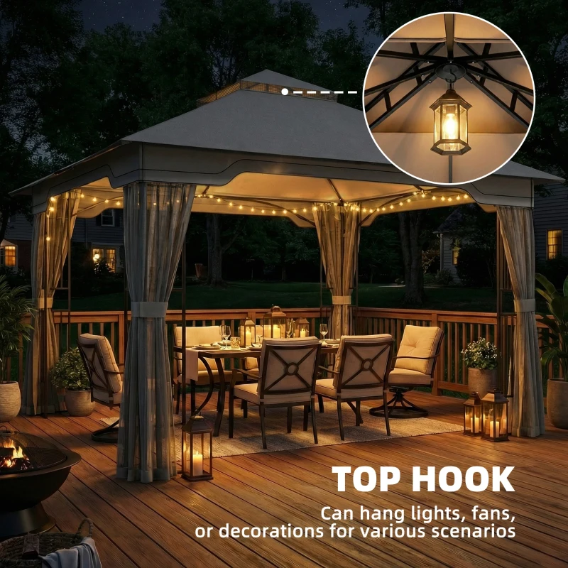 Outsunny 3.3 x 3.3 m Outdoor Garden Gazebo with Post Shelves, UPF50+ Patio Permanent Pavilion with Hook, Dark Grey