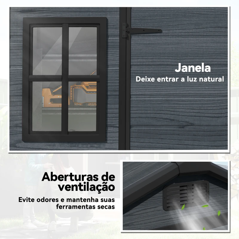 Outsunny Abrigo de Jardim Exterior 2,77 m² 244x131x201 cm com Base, Portas com Fecho, Janelas e Ventilação, Cinzento Escuro