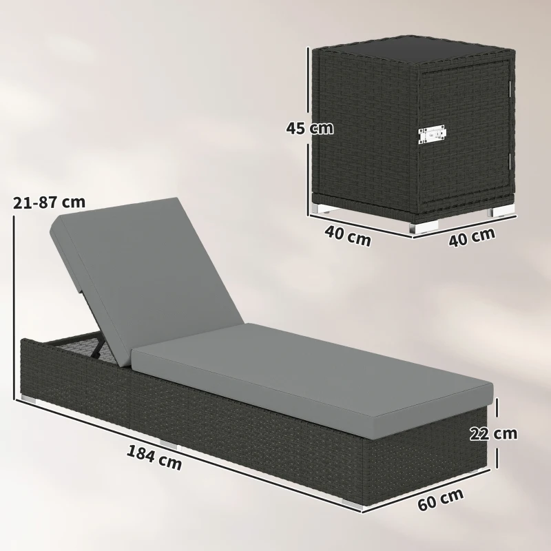 Outsunny Rattan Sun Loungers Set of 2 with Side Table, Garden Recliner Sunbeds with Adjustable Back, Cushions, Dark Grey
