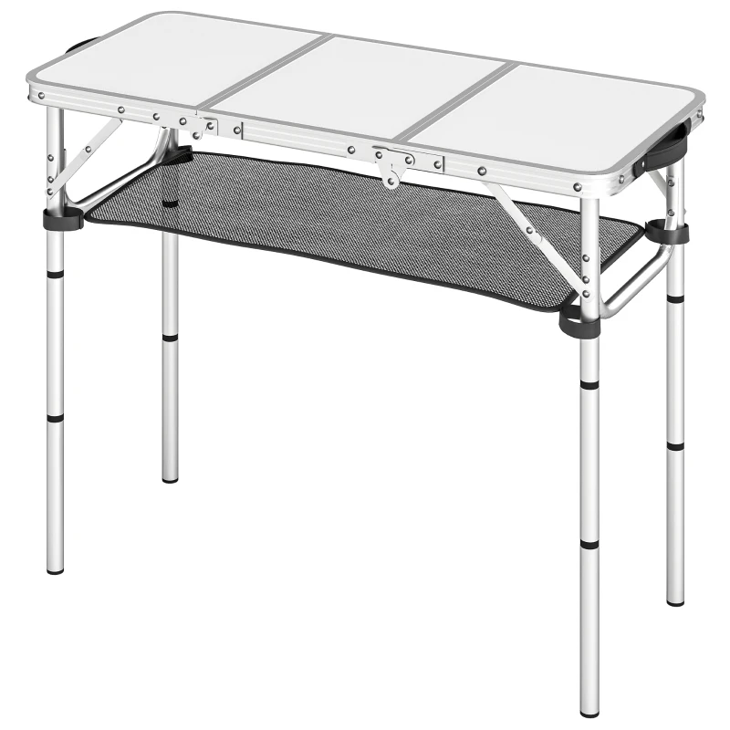 Outsunny 3ft Folding Camping Table, Picnic Table with Mesh Storage Layer, Carrying Bag and Metal Frame, Cream White