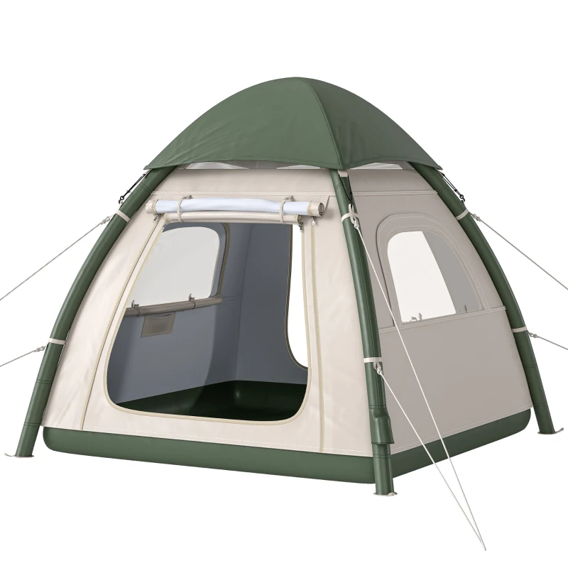 Outsunny Inflatable Camping Tent with Rainfly, 3 Man Air Tent 3000mm Waterproof Blow Up Tents, Beige