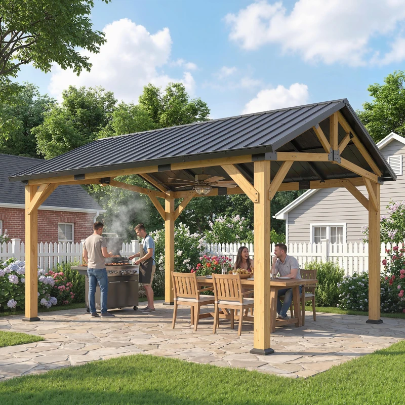 Outsunny 3.5 x 4 m Hardtop Gazebo Canopy with Galvanised Metal Roof, Fir Wood Frame and Hook for Patio, Garden, Black Grey