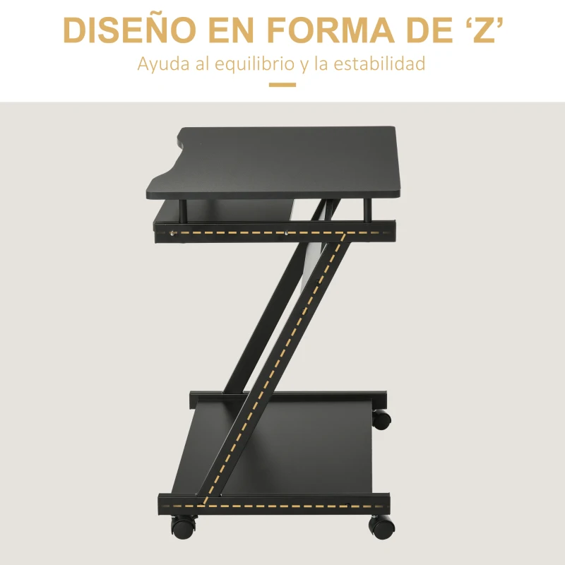 HOMCOM Mesa de Ordenador con Ruedas 60x48 cm con Bandeja Deslizante para Teclado y Estante Inferior Marco Metálico Negro