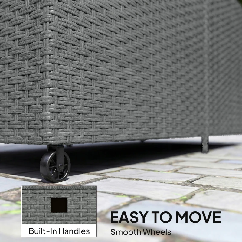 Outsunny Rattanowa skrzynia ogrodowa 650L wodoodporna, UV odporna, ze schowkiem, kółkami i pokrywą, 150 x 75 x 74 cm, ciemnoszara