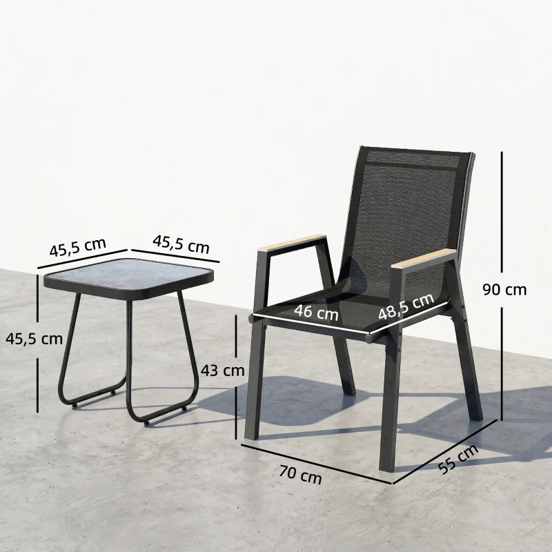 Outsunny Balkonmöbel Set 3 teilig Gartenmöbel Set mit Tisch 2 Stühle Atmungsaktiv Sitz Holzmaserung Schwarz