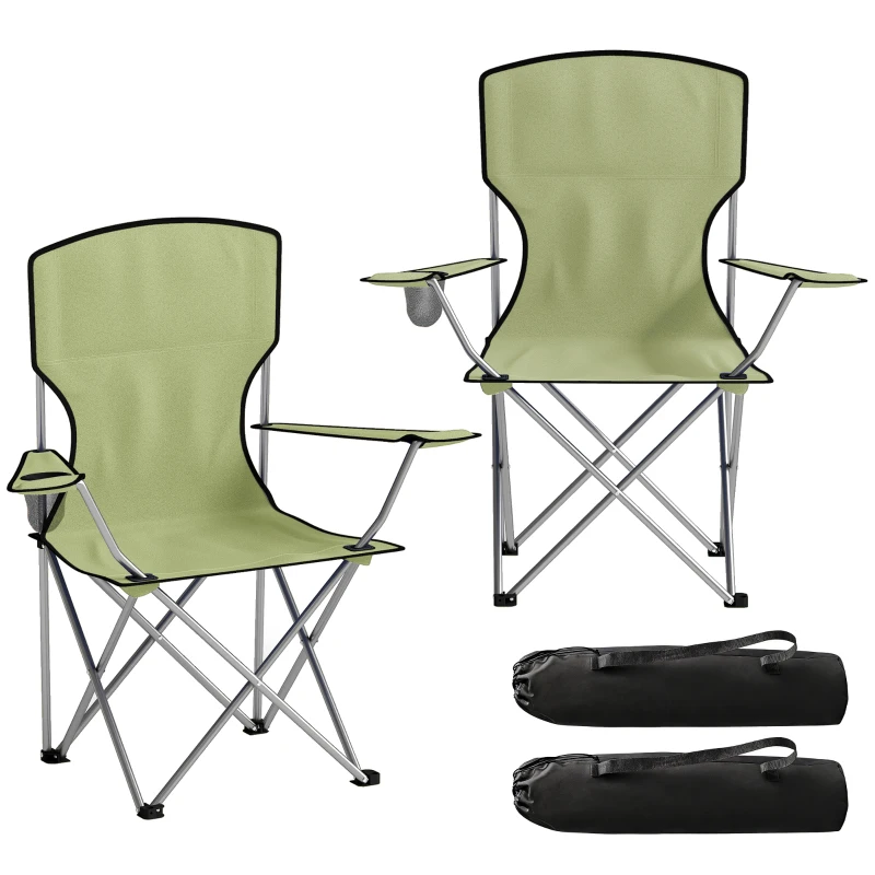 Outsunny Camping Chair Set of 2 Portable Folding Outdoor Camp Chair with Cup Holders and Carry Bag Green