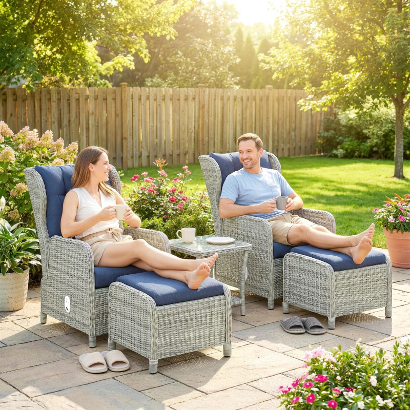 Outsunny 5 Piece Garden Furniture Set, Rattan Reclining Garden Chair Set of 2 with Footstool and Cushion for Balcony, Dark Blue