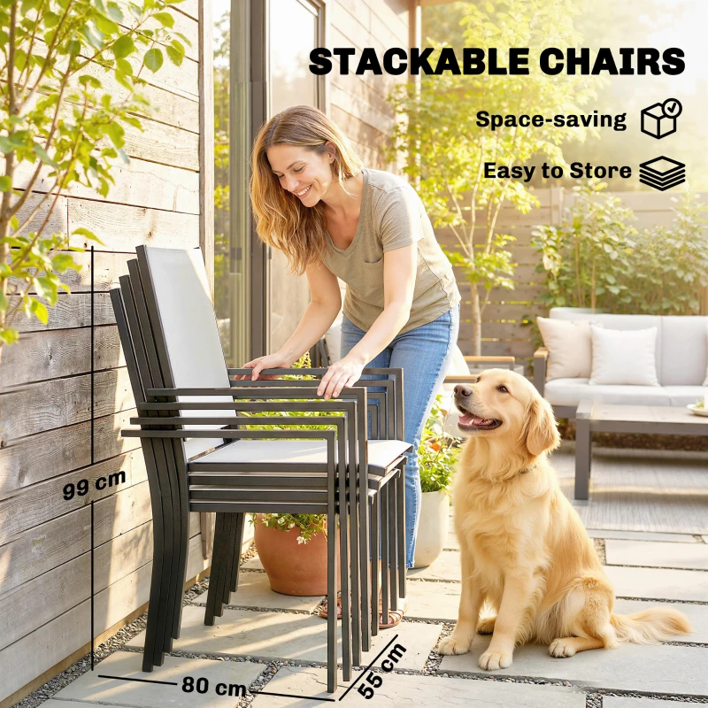 Outsunny Garden Dining Set for 4 with Umbrella Hole, Stackable Chairs and Rectangular Glass-Top Outdoor Table, Light Grey