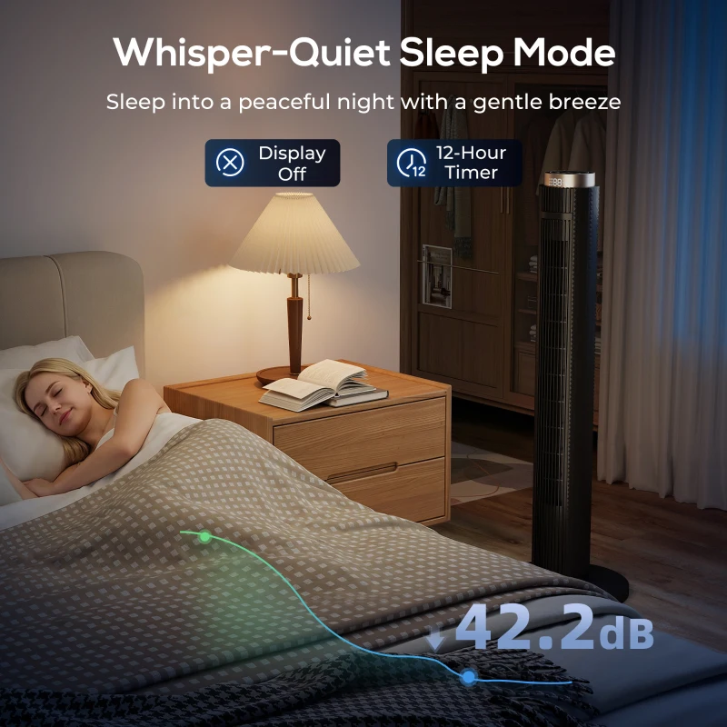 HOMCOM Tower Fan with WiFi App Control, Standing Floor Fan with 3 Speed 4 Modes, 12 Hour Timer and Night Light Black