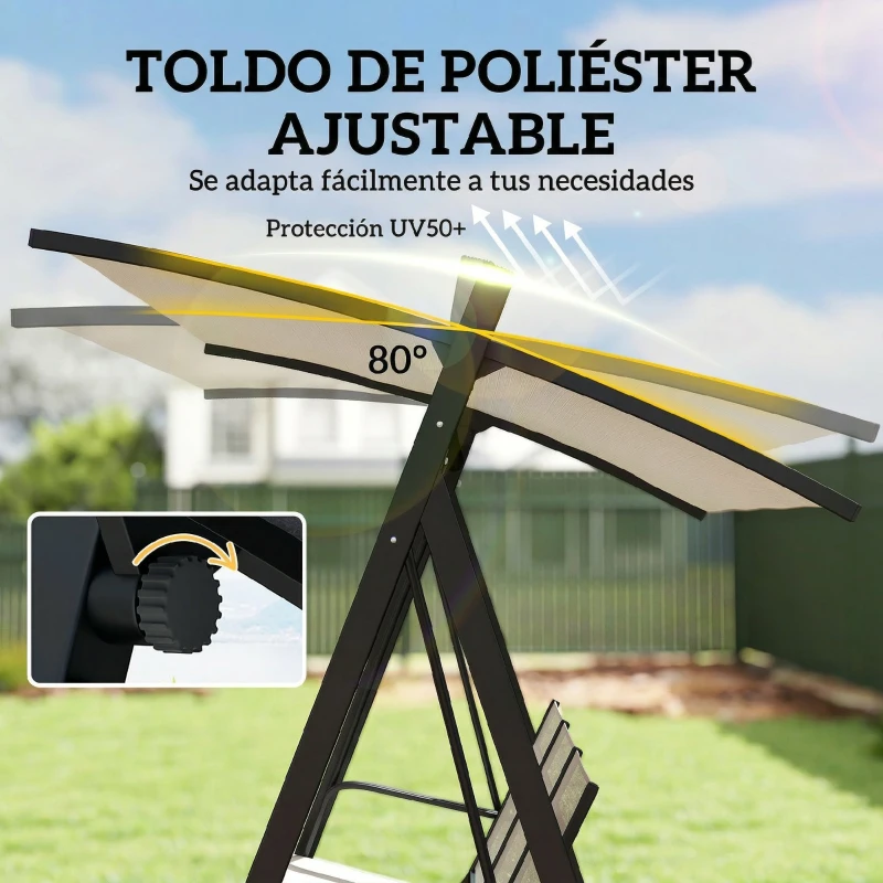 Outsunny Columpio de Jardín de 3 Plazas con Techo Ajustable UPF50+ Asiento Transpirable Carga 360 kg 188x130x183 cm Crema