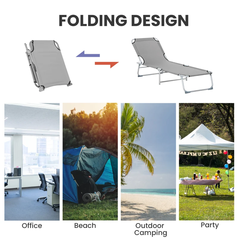 Outsunny Reclining Sun Lounger Chair Folding Camping Bed with 4-Position Adjustable Backrest, Grey