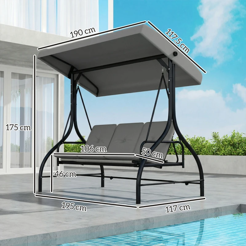 Outsunny 3 Seater Canopy Swing Chair, 2 in 1 Garden Swing Seat Bed, with Adjustable Canopy and Metal Frame, Light Grey